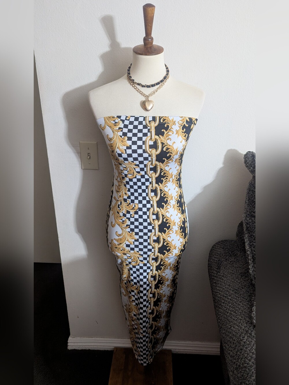 Strapless Black, White & Gold Chain-Print Midi Dress